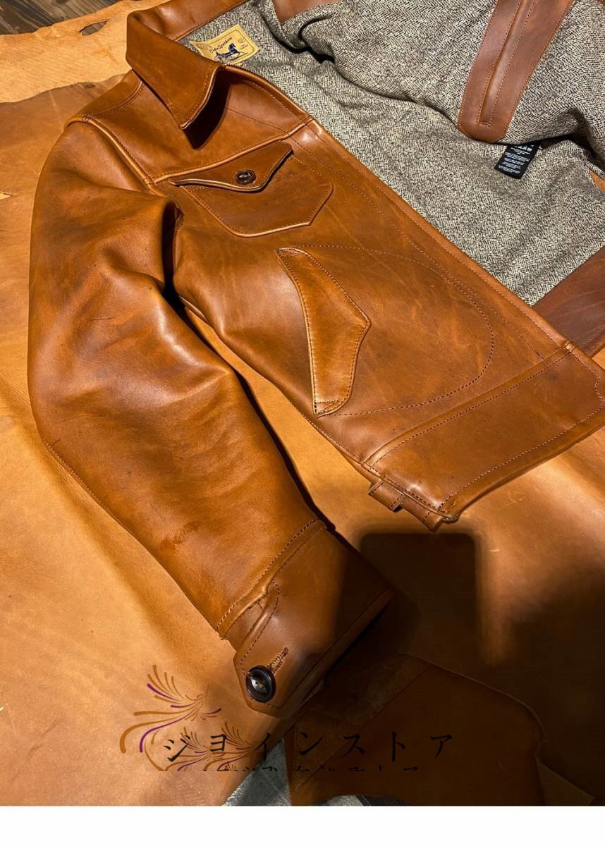 人気美品★ トップクラス Horween レザージャケット 天然柄 シングルライダース 革ジャン 牛革 本革 バイクレザー アメカジ 経年変化 S～4X_画像10