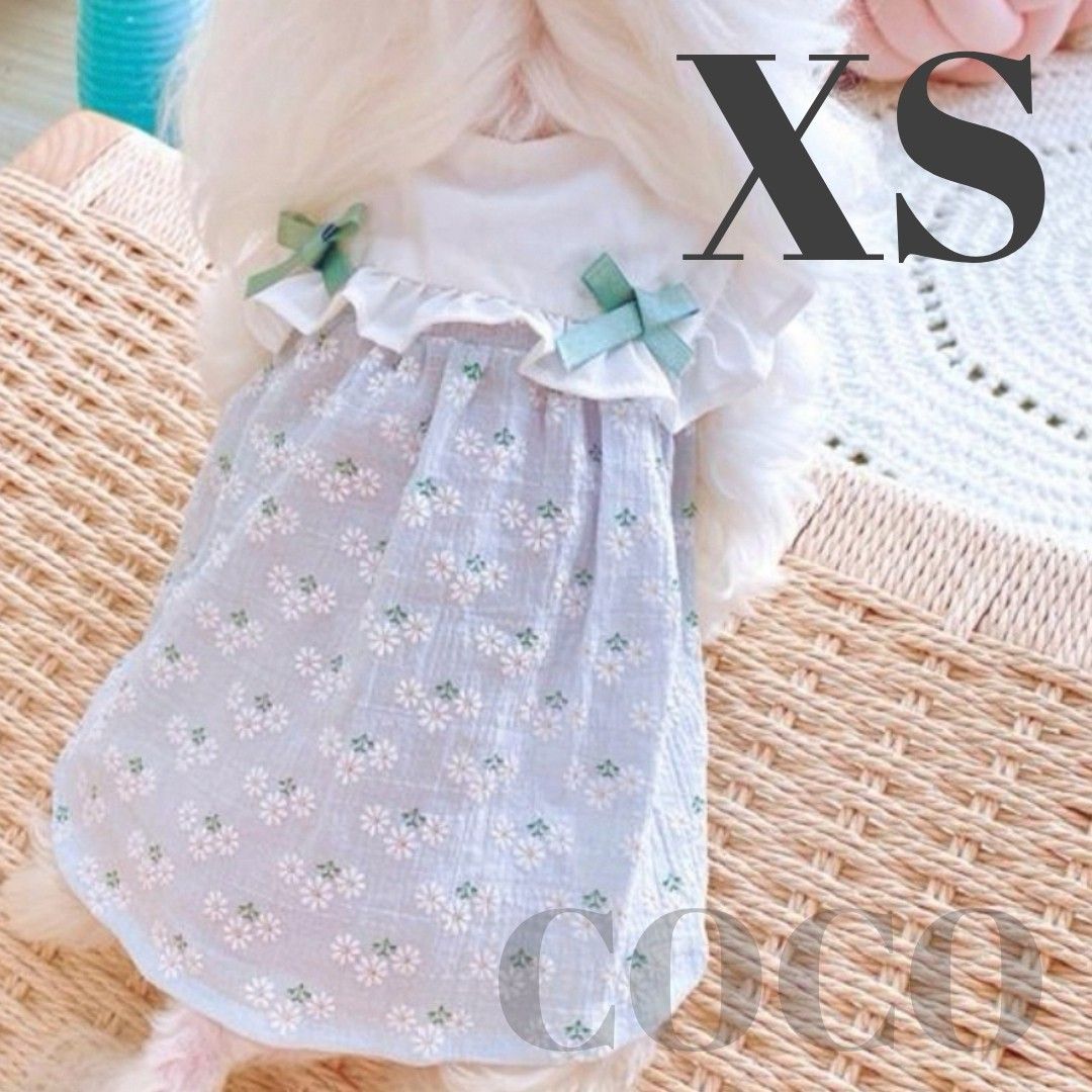 ７　ブルーXSサイズ　姫花柄ワンピ　犬服春夏犬の服ドッグウェア犬用品ペット用品