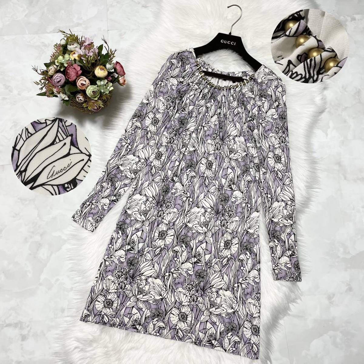  genuine article Gucci pearl equipment ornament floral print flower floral long sleeve One-piece dress S light purple series × eggshell white × black GUCCI letter pack post service plus possible 