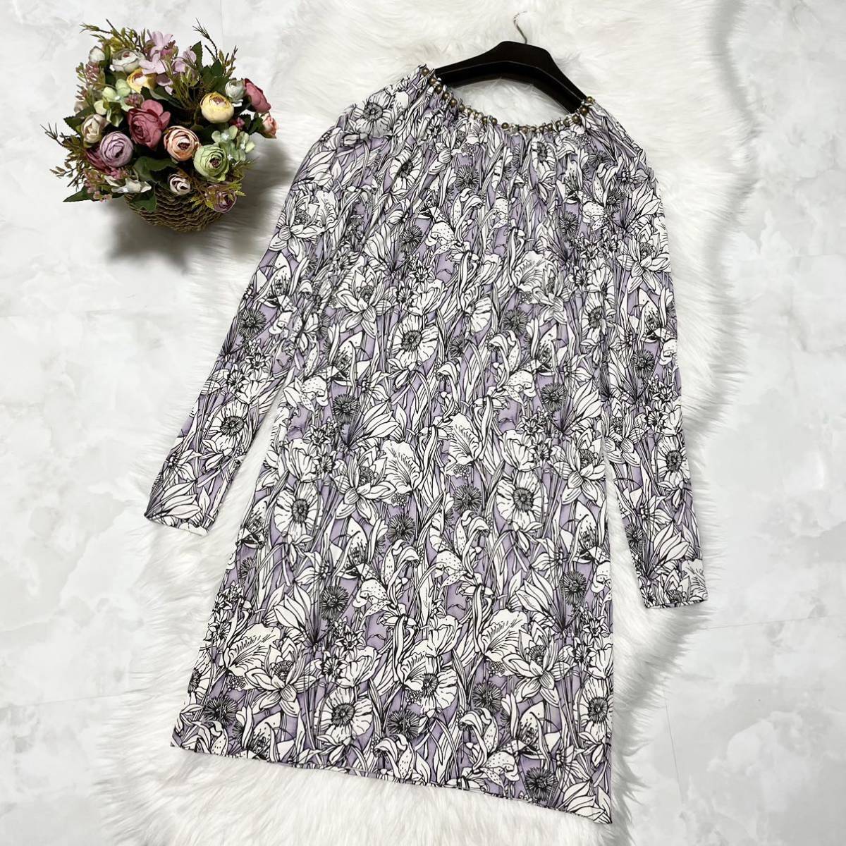  genuine article Gucci pearl equipment ornament floral print flower floral long sleeve One-piece dress S light purple series × eggshell white × black GUCCI letter pack post service plus possible 