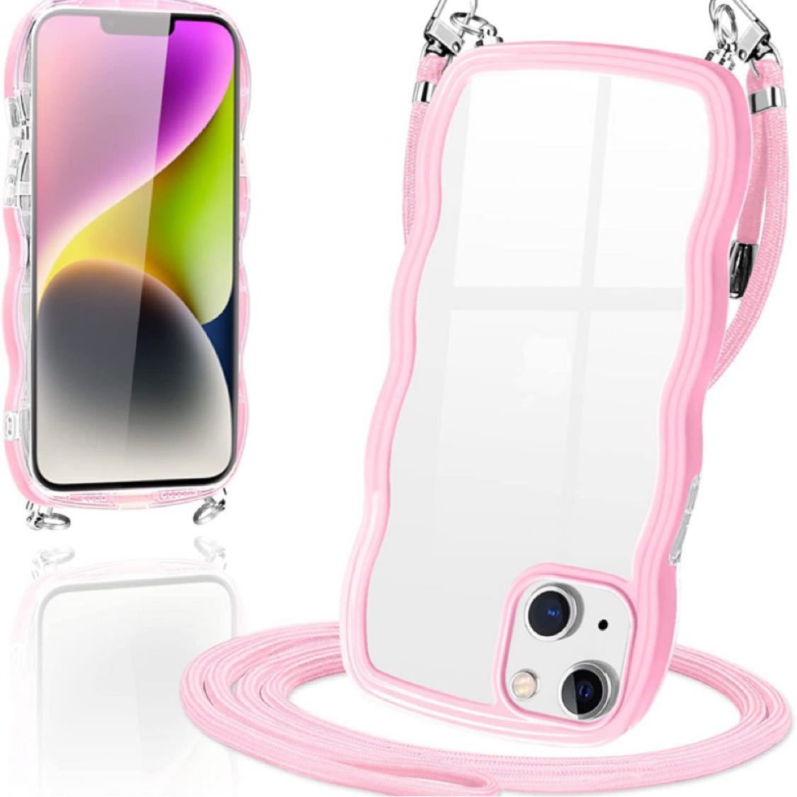 iPhone14 ケース クリア ショルダー カバー iPhone 14 スマホケース 創意 個性 肩掛け 首掛け アイフォン14(桜 ピンク)