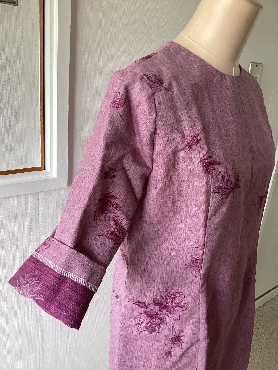 着物リメイク ハンドメイド ゆったりワンピース紫色系　フリーサイズ　7分袖　裏布無し　柄が個性的