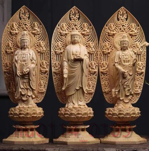 在庫わずか 仏教美術 精密彫刻 仏像 手彫り 阿弥陀如来三尊立像 高さ約