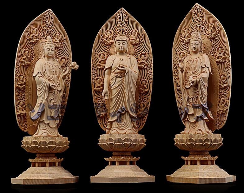 極上の木彫仏教美術 精密彫刻 仏像 手彫り 阿弥陀如来三尊立像 高さ約43ｃｍ