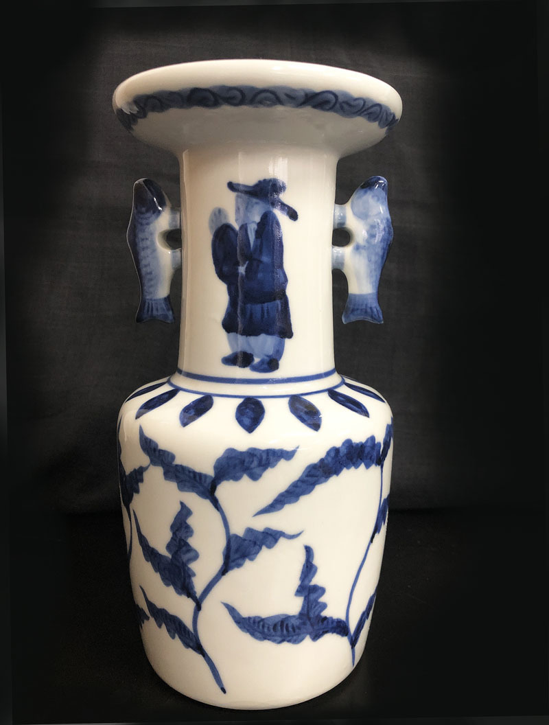 ◇◇大明天啓年製一寛花器花瓶壺染付双魚耳付高砂花生送料無料
