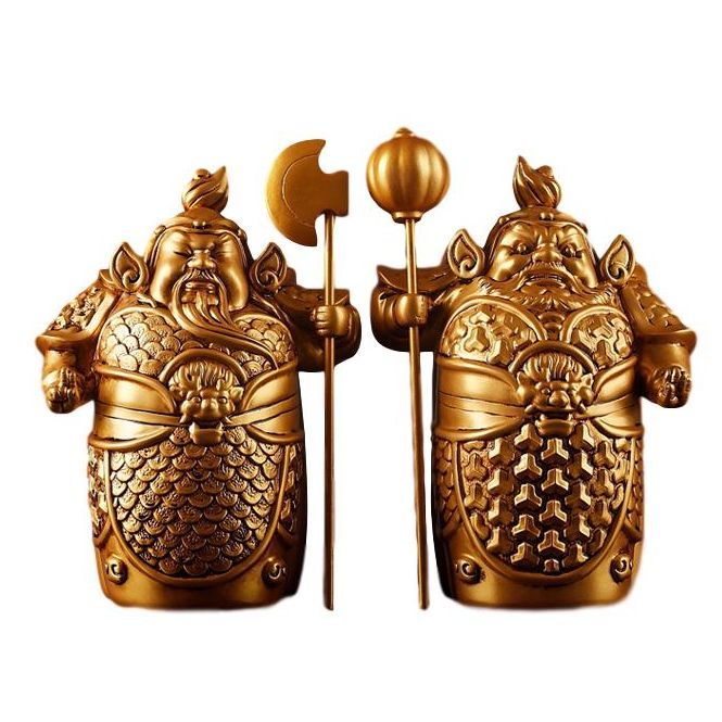 置物 鎧をまとった門番 門神 中国寺院 2体セット (ゴールド)