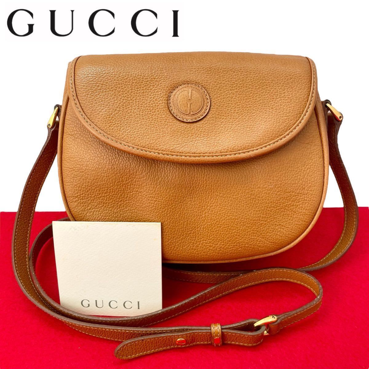 GUCCI グッチ オールドグッチ ショルダーバッグ ポシェット GG インターロッキング ゴールド金具 ロゴ刻印 レザー 本革 ブラウン キャメル_画像1