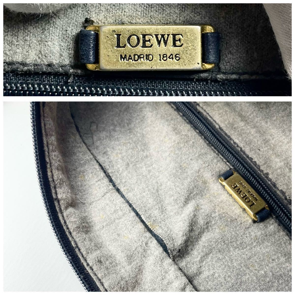 LOEWE ロエベ ベラスケス ショルダーバッグ トートバッグ ゴールド金具 ロゴ刻印 ハーフムーン レザー 本革 ネイビー 紺 A4可 肩掛け可_画像10