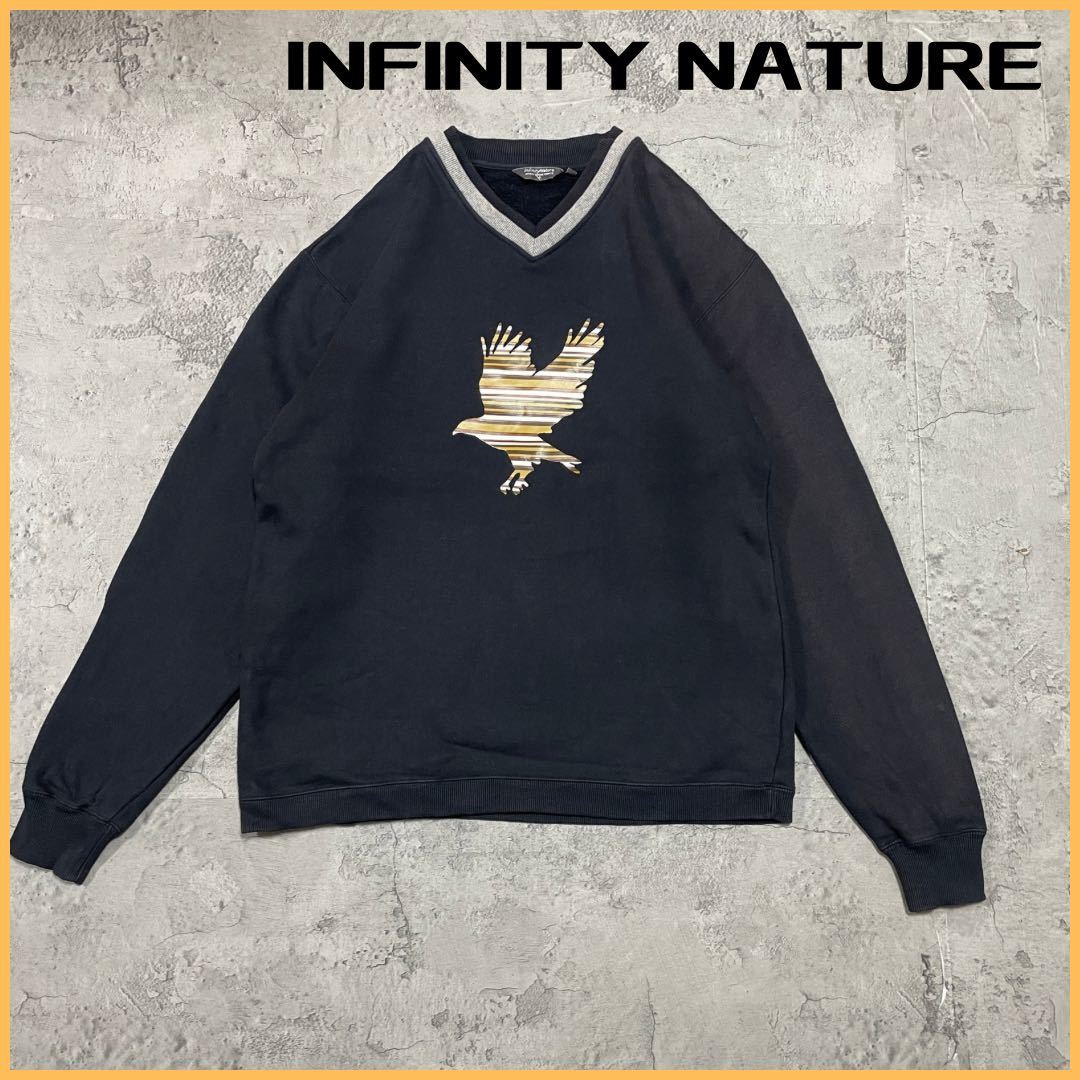  INFINITY NATURE インフィニティネイチャー スウェット トレーナー ビッグロゴ USA企画 プリント ネイビー サイズ3. L相当 玉FL2598_画像1