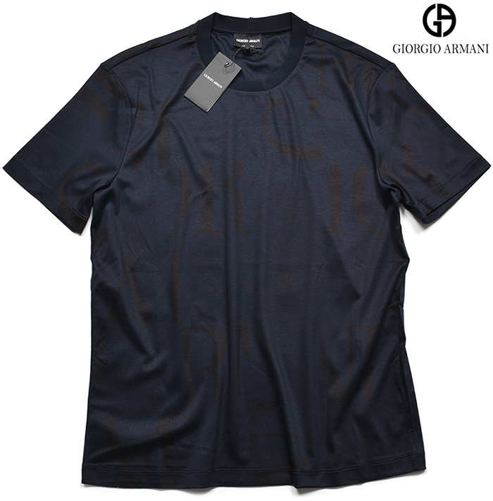 新品8.8万 GIORGIO ARMANI ジョルジオ アルマーニ 「濃紺 46 Mサイズ」高級感漂う!大人ラグジュアリー Tシャツ メンズ (イタリア製)_画像1