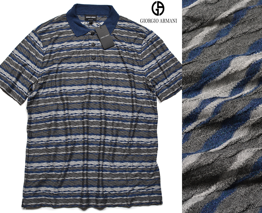 新品13万 GIORGIO ARMANI「50(Lサイズ)」ジョルジオ アルマーニ 最高級ジャガード織り！半袖ポロシャツ Tシャツ メンズ (イタリア製)_画像1