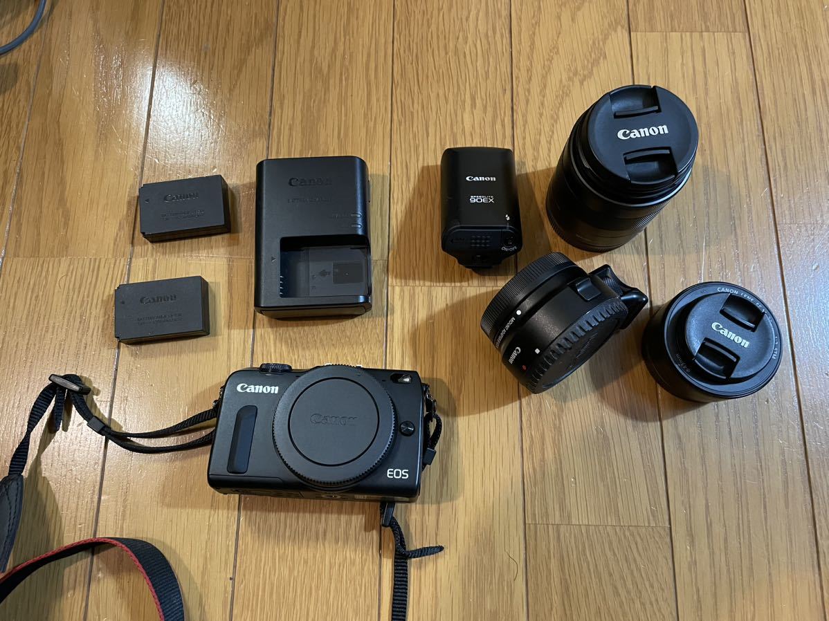 Canon EOS M2 本体+レンズ+変換アダプタ+ストロボ セット