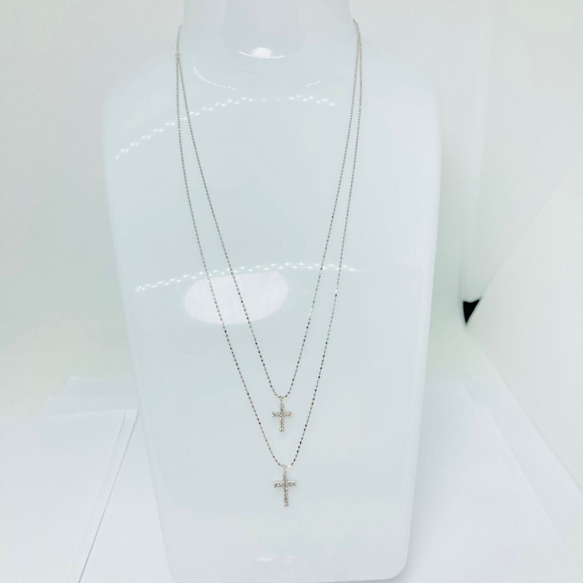 K18WG/K10WG クロスモチーフ ダイヤモンド 2連 ネックレス D:0.14ct
