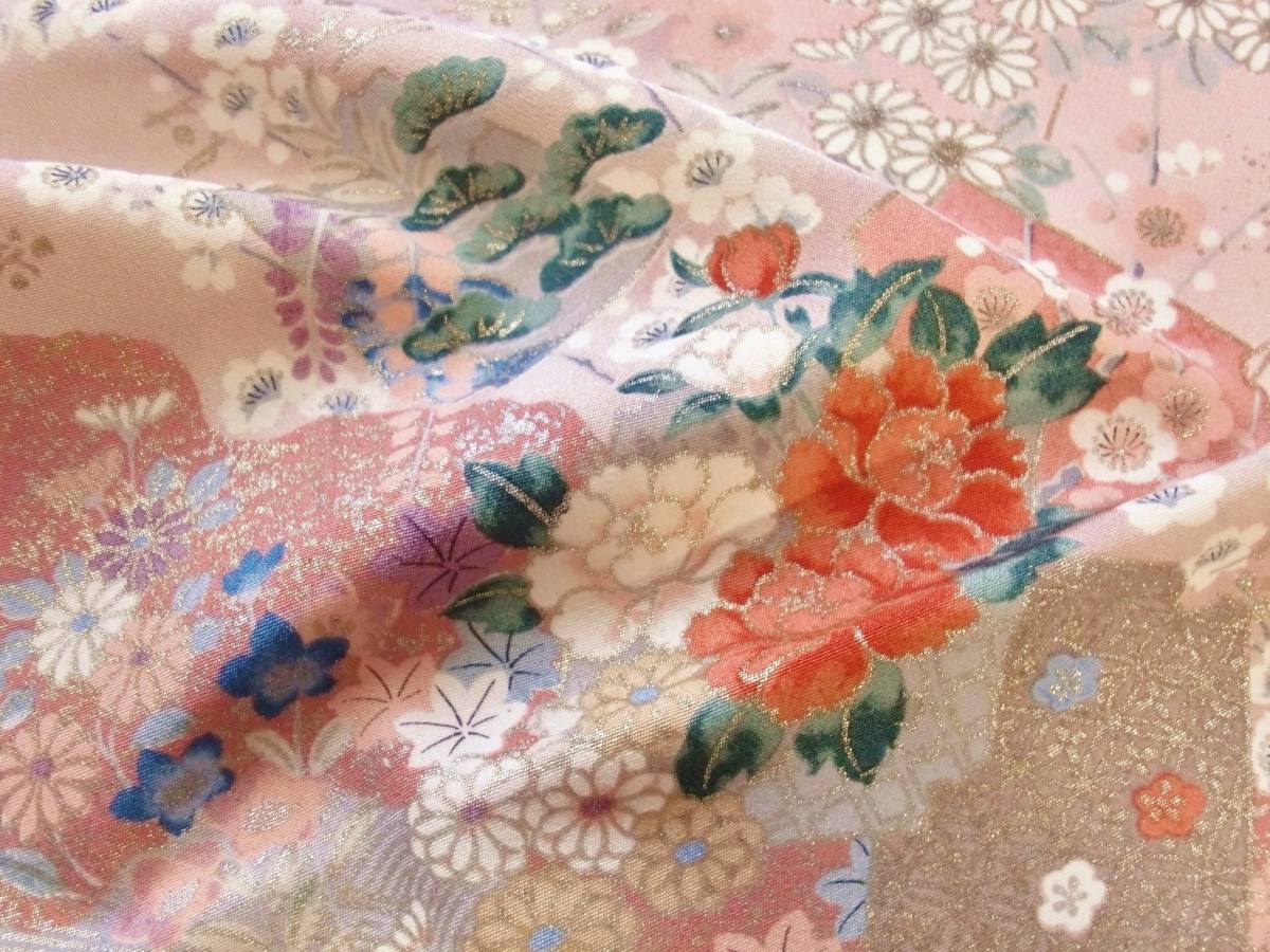 ◇琳花◇ 正絹はぎれ ピンク・グレー お人形 花々 37×165 銀彩 着物