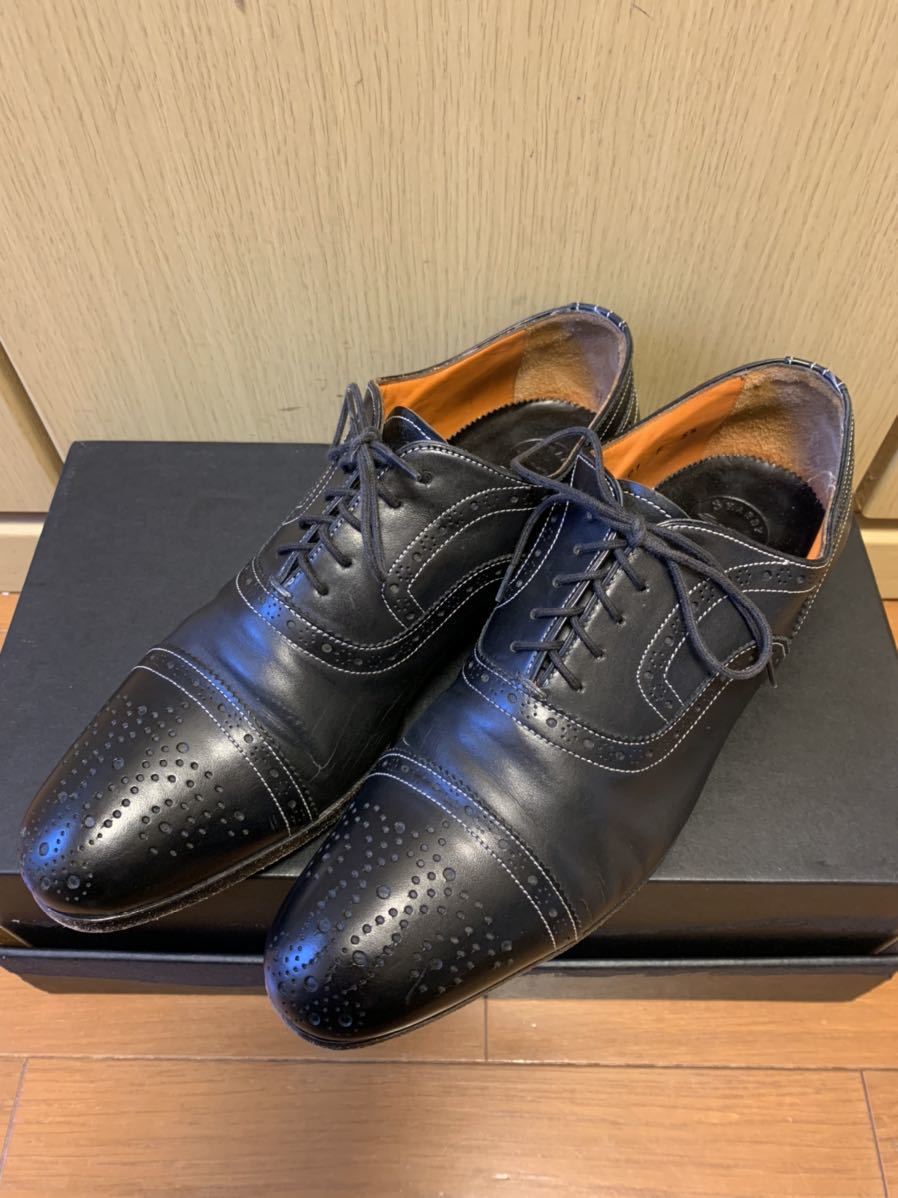 正規 SANTONI サントーニ セミブローグ メダリオン パーフォレーション レザー ドレスシューズ 黒 5 1/2 9474 01 F 6