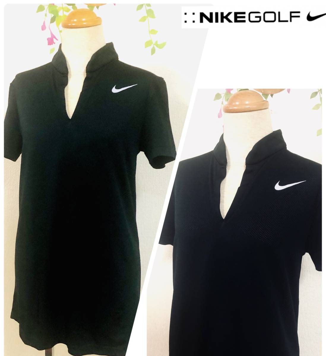 NIKE GOLF　ナイキゴルフ　DRY-FIT　お洒落なネックライン　半そでシャツ　ブラック　レディースL　薄手　ツアーモデル_画像1