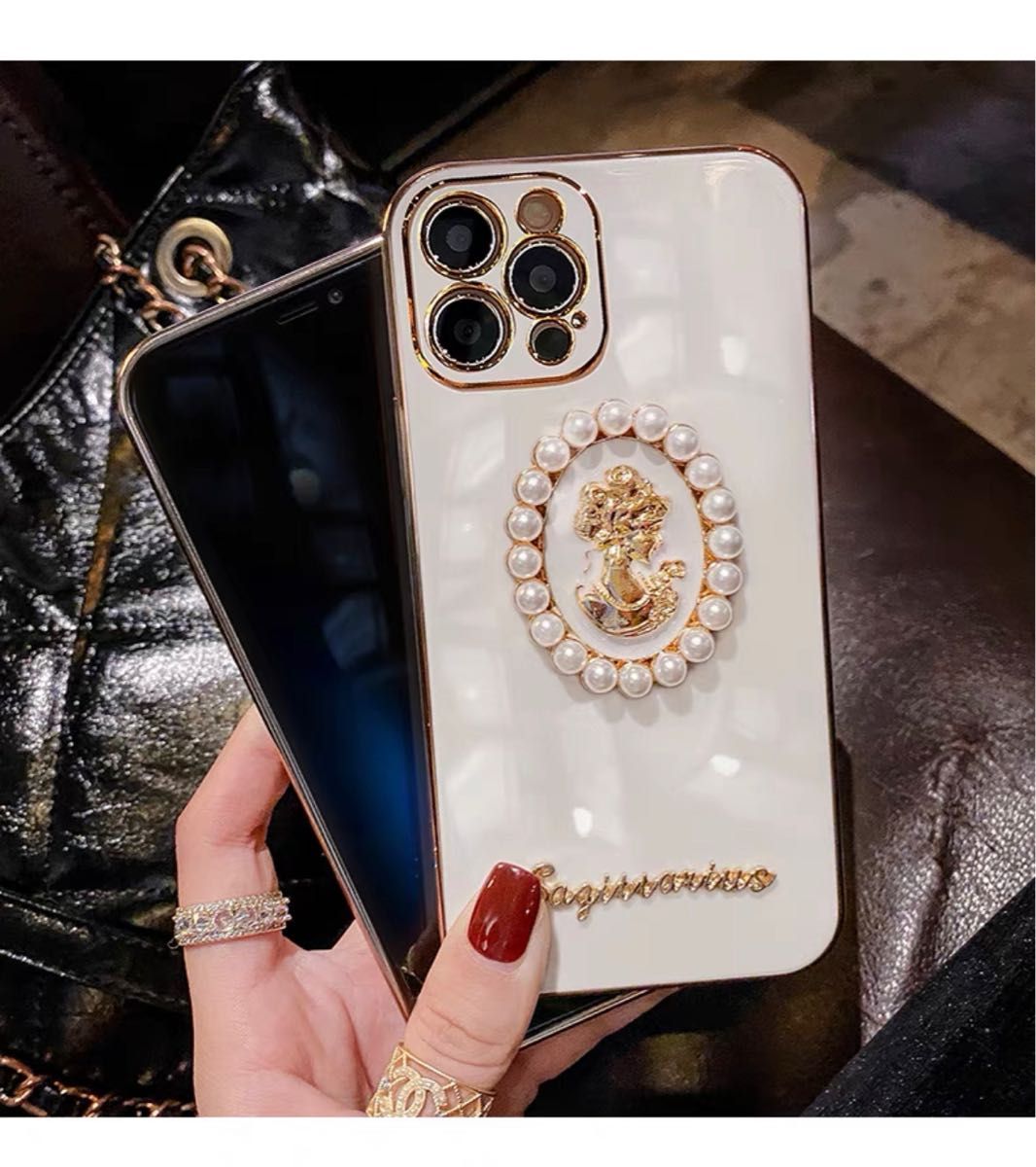 iPhone12 ケース TPU カメオ 立体パール 黒 韓国 ポップ 真珠 【94%OFF