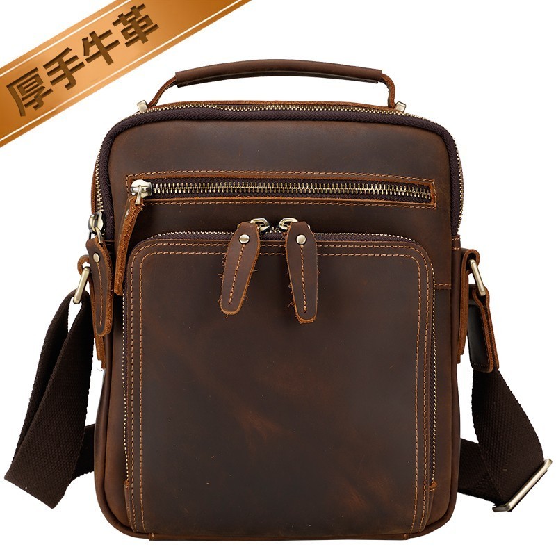  round ZIP original leather messenger bag men's shoulder bag diagonal .. thick cow leather Vintage iPad9.7 correspondence 2WAY bicycle bag . cow 