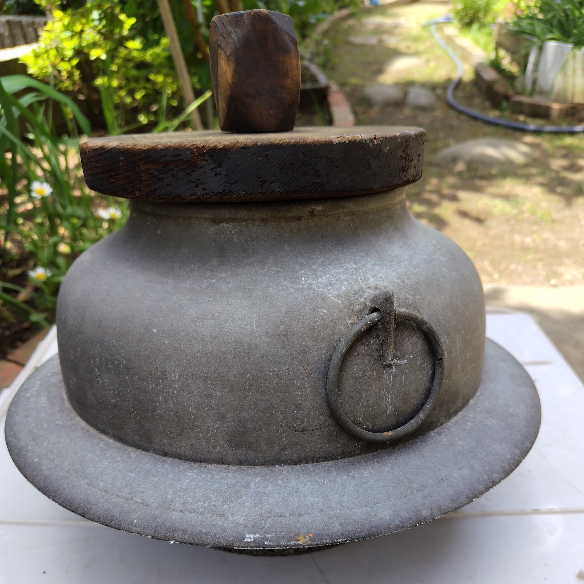 茶釜　アルミ製　茶道具　持ち手銅製　蓋木製　(中古）　_画像3