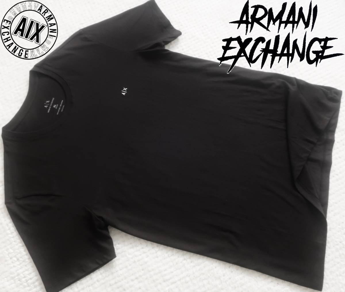 新品★アルマーニ★大きいサイズ★ブラック Tシャツ★クルーネック★ホワイト ロゴ刺繍★ペルー製★黒 白 2XL★ARMANI☆740_画像1