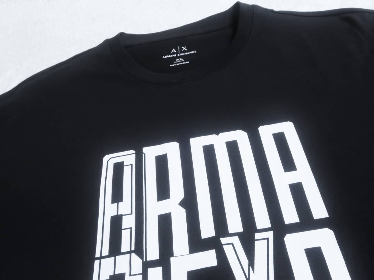 新品★アルマーニ★シックな ブラック Tシャツ★ホワイト ロゴプリント★クルーネック★黒 白 モノトーン XL★ARMANI☆738_画像7