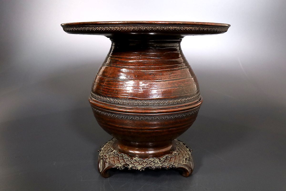 小】3484 時代金工 古銅青海波花生 花器 時代伝世箱有 在銘有 | JChere