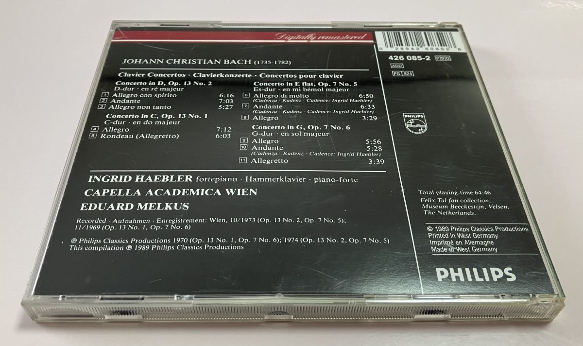 PHILIPS 希少 初期 西独盤 CD ヘブラー J.C.バッハ クラヴィーア協奏曲集 メルクス 全面アルミ カペラ Haebler 4044 アカデミア・ウイーン_画像2