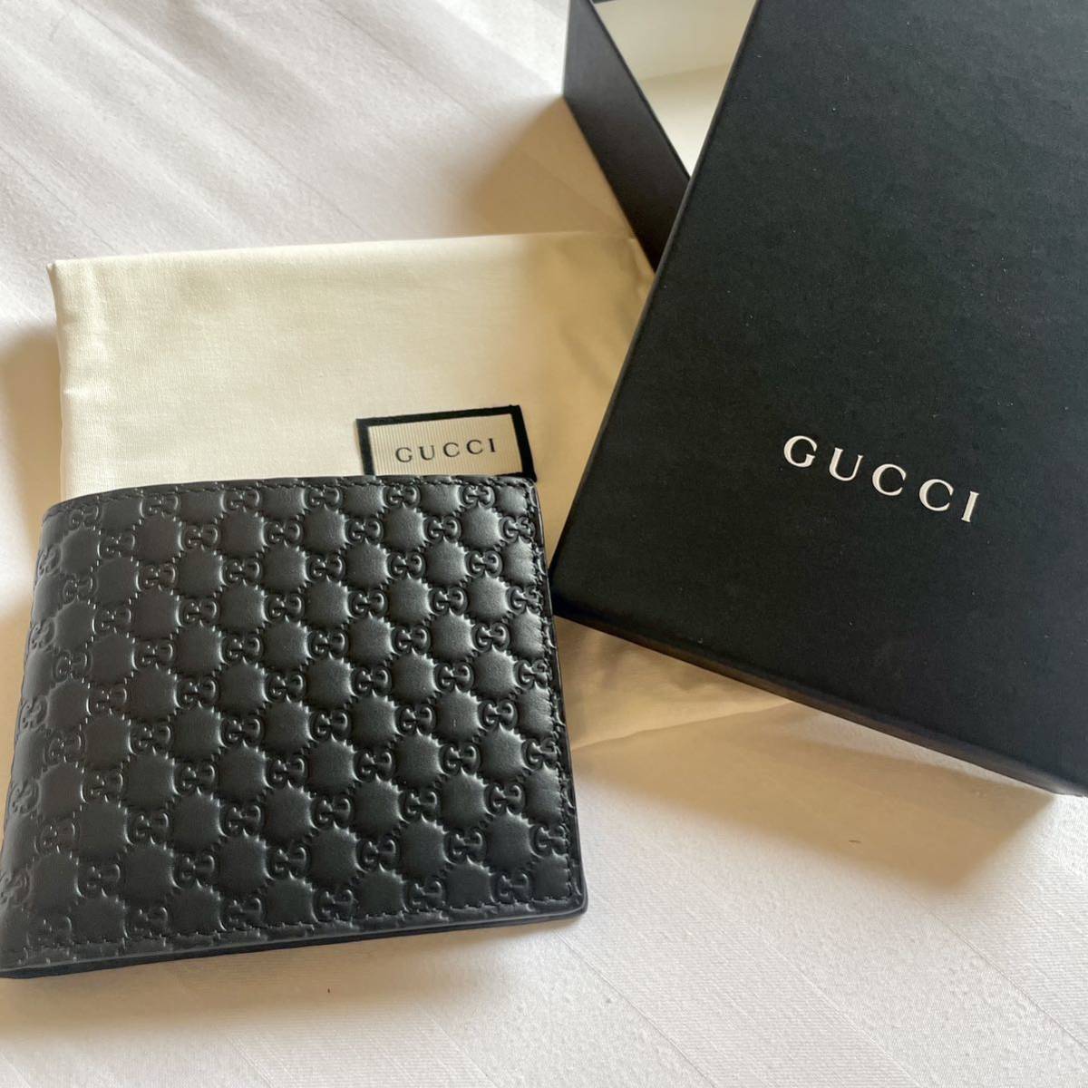 【新品】GUCCI グッチ マイクロGGシマ 二つ折り財布 小銭入れ付き 2つ折り財布 折財布 グッチシマ グッチメンズ 黒 ブラック_画像1