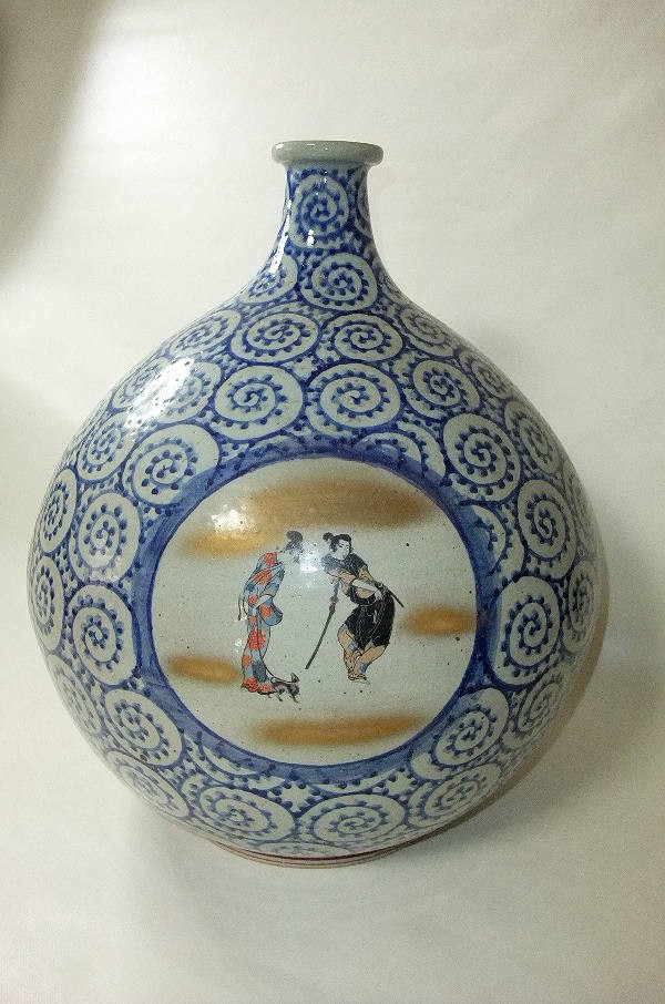 逸品□近江彦根 「陶粋庵」 染付 蛸唐草 彦根屏風 大津絵 大壷 花瓶