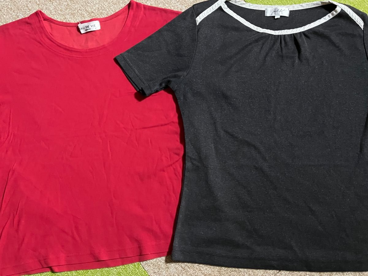 レディース M 半袖 カットソー Tシャツ トップス ★伸縮性あり★赤はレナウン 日本製★黒はキラキラ入り★中古