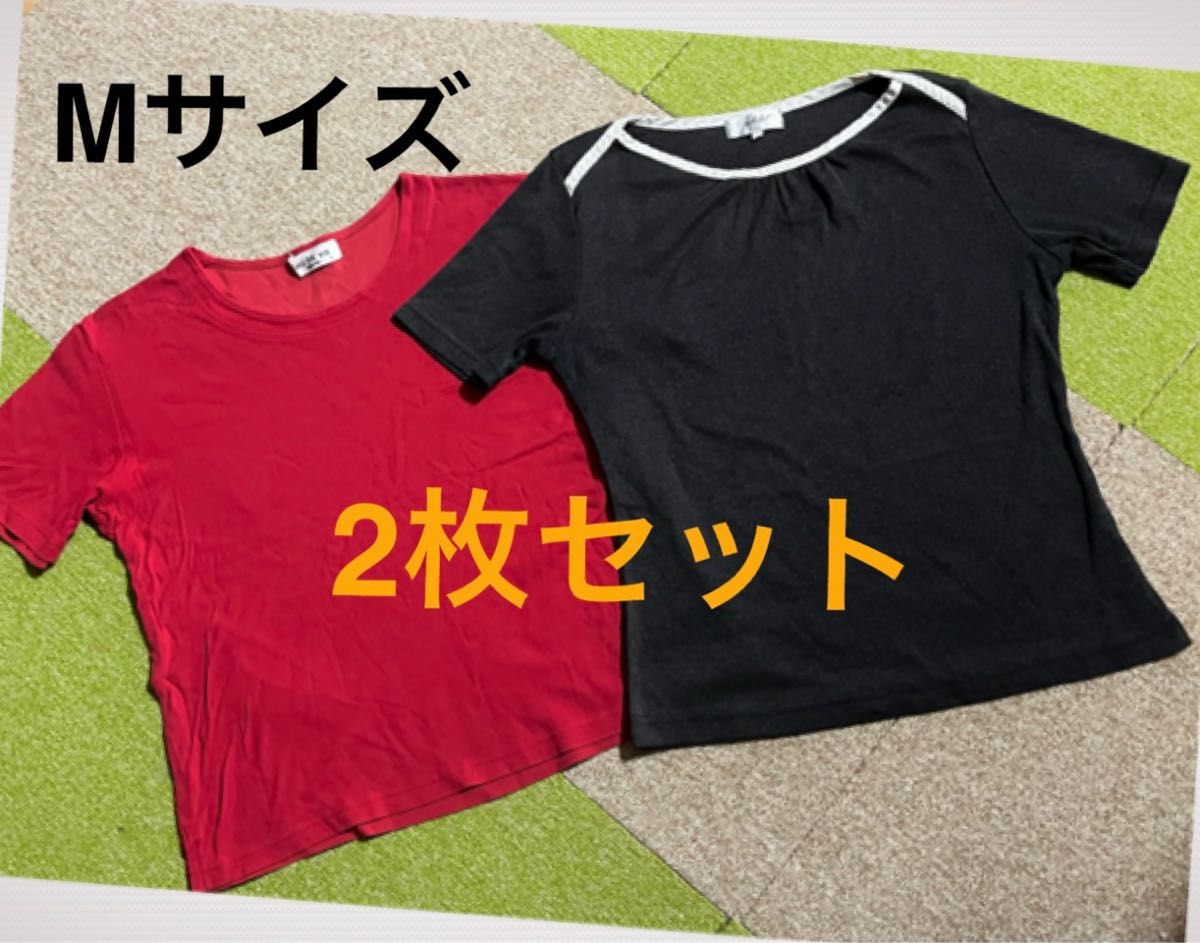 レディース M 半袖 カットソー Tシャツ トップス ★伸縮性あり★赤はレナウン 日本製★黒はキラキラ入り★中古