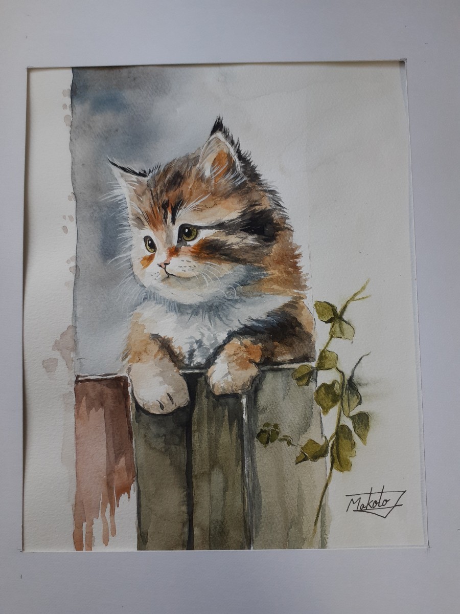水彩画 可愛い子猫 - 美術品
