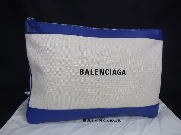 品多く ■極美品■ BALENCIAGA バレンシアガ 420407 ネイビークリップ キャンバス クラッチ セカンドバッグ 手持ち アイボリー系 AJ7324yZ かばん、バッグ