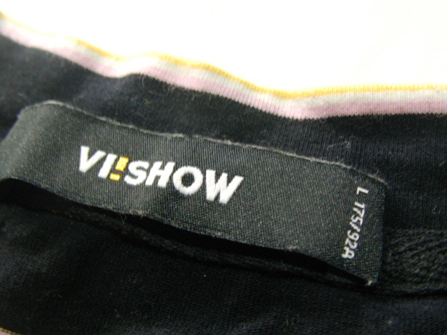 ssy6189 VI!SHOW 半袖 Tシャツ カットソー ブラック系 ■ ボーダー柄 ■ ハイネック ストレッチ素材 プリント Lサイズ_画像8