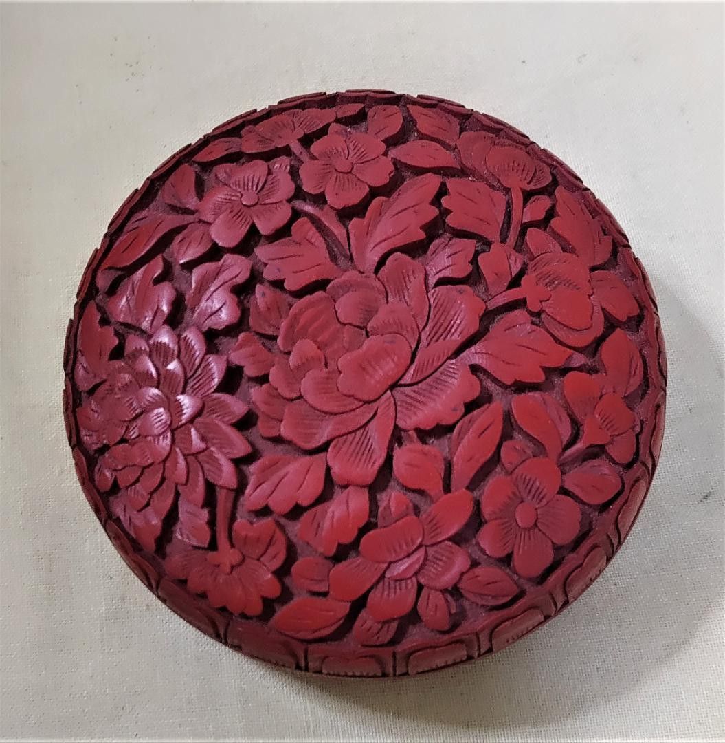 人気商品！中国 銅胎堆朱岩椿彫香合　3セット