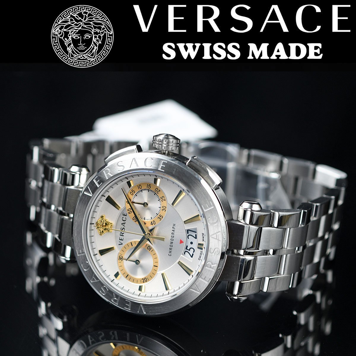 ヴェルサーチVERSACE 高級スイス製クロノグラフ 50m防水 激レア日本未
