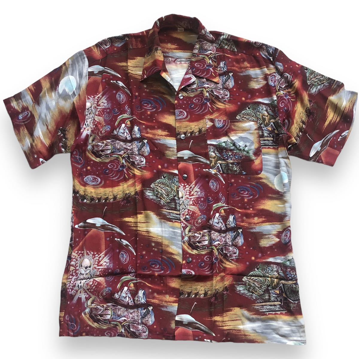 送料370円 激レア 90s ALOHA SHIRT アロハシャツ ハワイアンシャツ 宇宙人 エイリアン 竹取物語 かぐや姫 翁 和柄 ビンテージ F Lの画像1