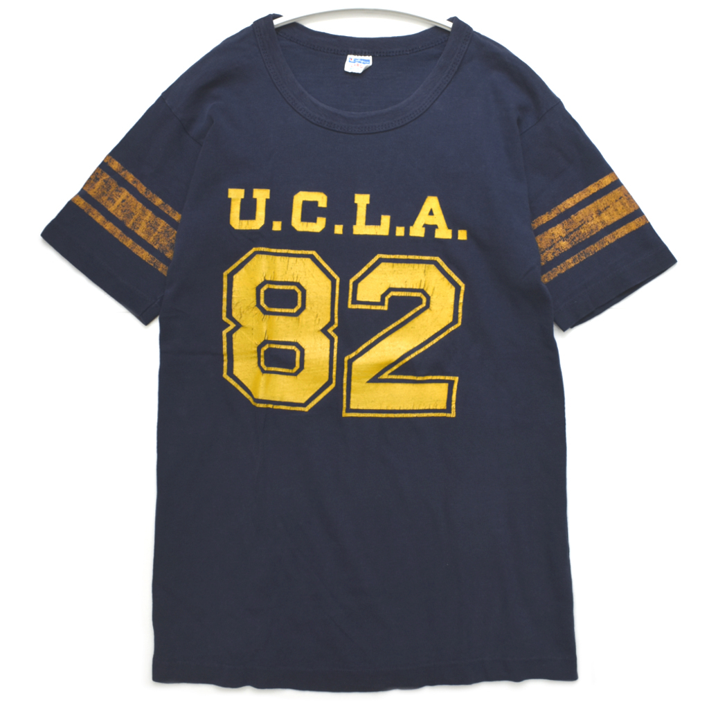 70s usa vintage Champion チャンピオン UCLA ナンバリング フットボール Tシャツ 紺×黄 size.L バータグ 100％COTTON_画像1