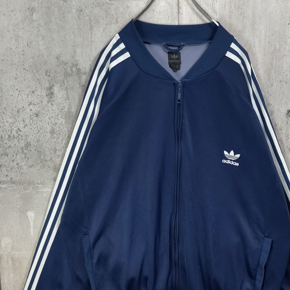 ビッグサイズ 4XL adidas アディダス 紺 白 ネイビー ホワイト Navy White ロゴ ジャージ トレフォイル 古着 上着  トラックジャケット 刺繍