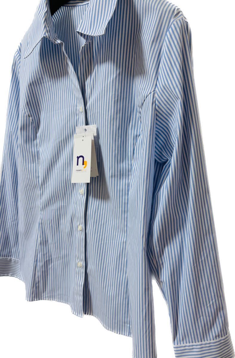 新品　ストライプシャツ　ストレッチ素材　長袖ブラウス　17号　ニッセン　大きいサイズ　白×水色　UV加工　抗菌防臭加工　爽やか