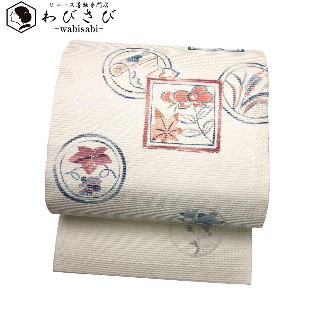 超可爱 絽 名古屋帯 夏帯 O-2663 相良刺繍 乳白色 巻物 紅葉 草花