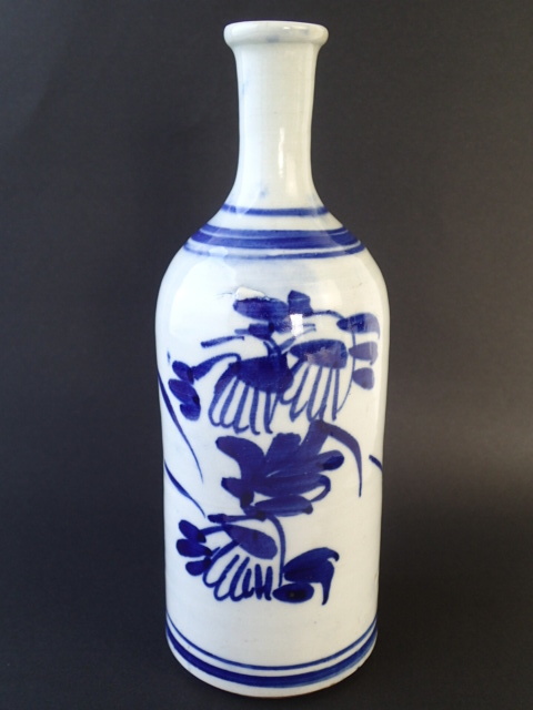 出石の三合徳利 ベロ藍 染付 牡丹 花柄 手描き 酒器 花瓶 飾り壺 古美術 JAPAN ②の画像1
