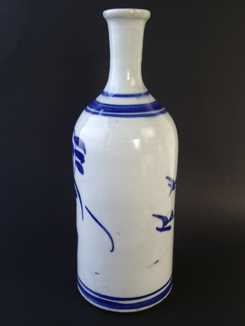 出石の三合徳利 ベロ藍 染付 牡丹 花柄 手描き 酒器 花瓶 飾り壺 古美術 JAPAN ②の画像2