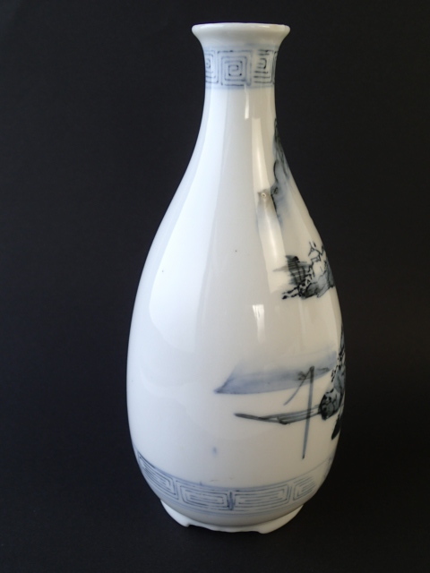  Kutani blue and white ceramics landscape map sake bottle hand .. sake cup and bottle ornament vase .JAPAN Showa era old fine art ①