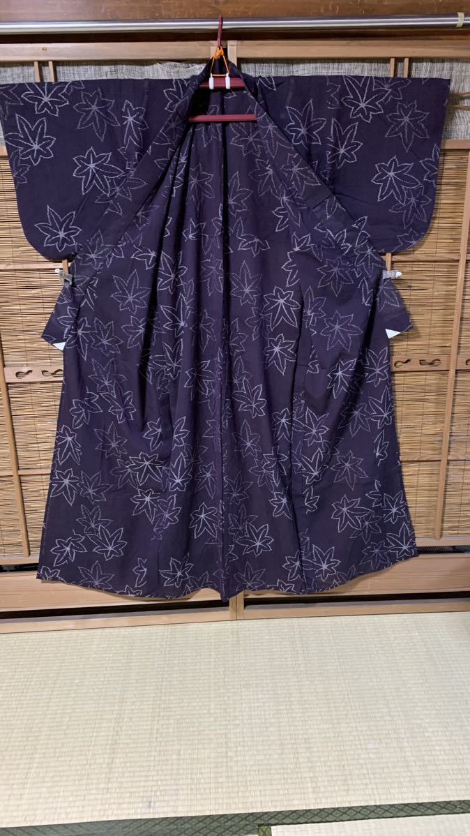 アンティーク単衣と夏着物 サマーウール地 濃い紫地にイチョウの絣柄 A326