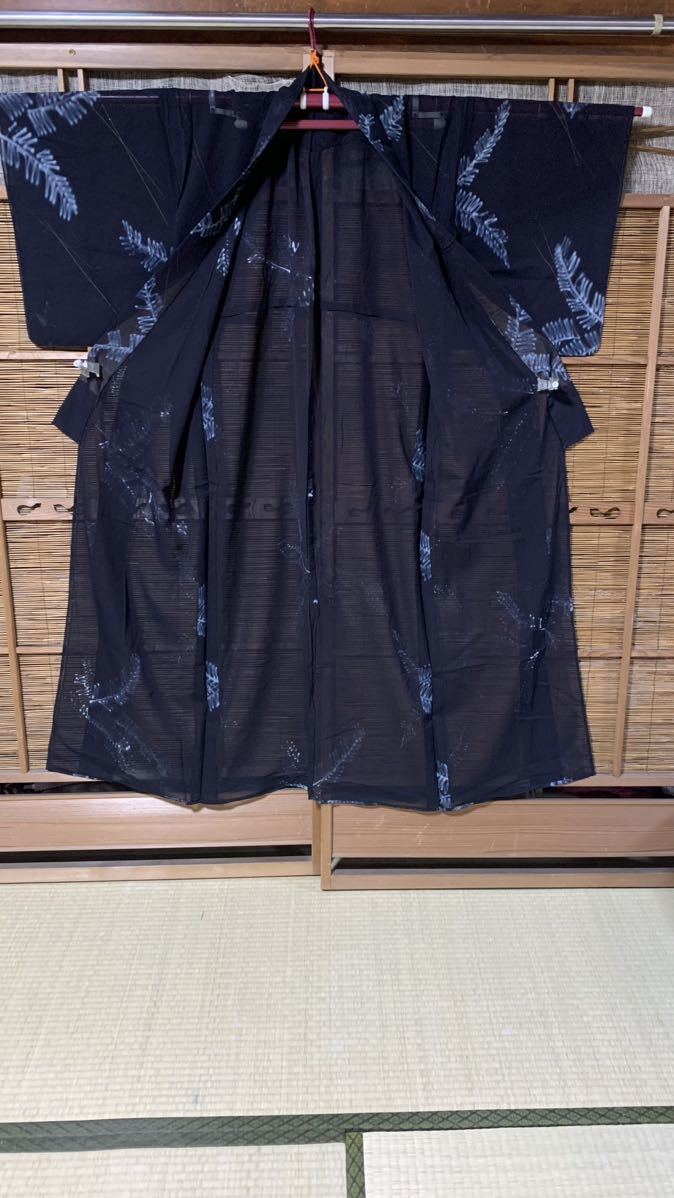 アンティーク単衣と夏着物 正絹紗織り地 黒地にシダの葉ろうけつ染柄 A331