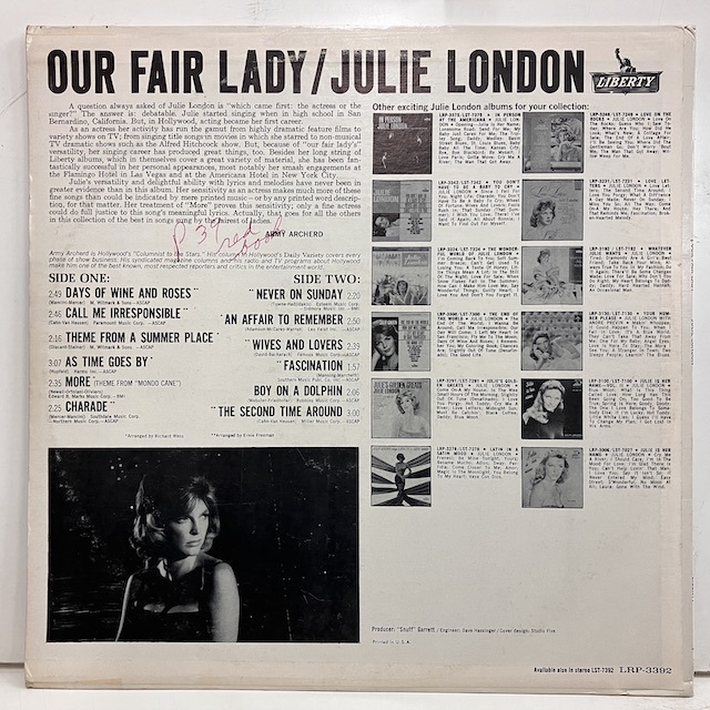 ●即決VOCAL LP Julie London / Our Fair Lady lrp-3392 jv4357 米オリジナル、艶黒虹左ロゴMono ジュリー・ロンドン_画像4