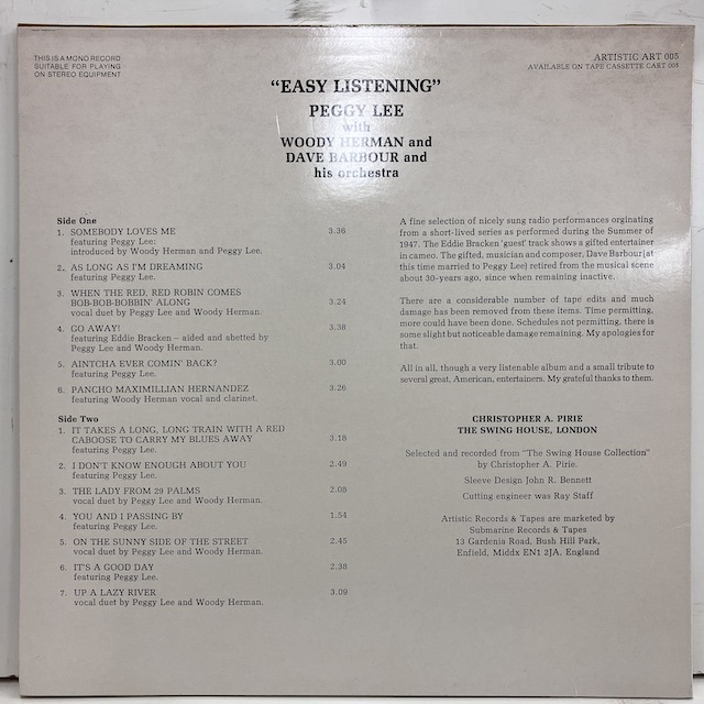 ●即決VOCAL LP Peggy Lee Woody Herman Dave Barbour / Easy Listening Art 005 jv4372 英オリジナル84年プレス ペギー・リー _画像4