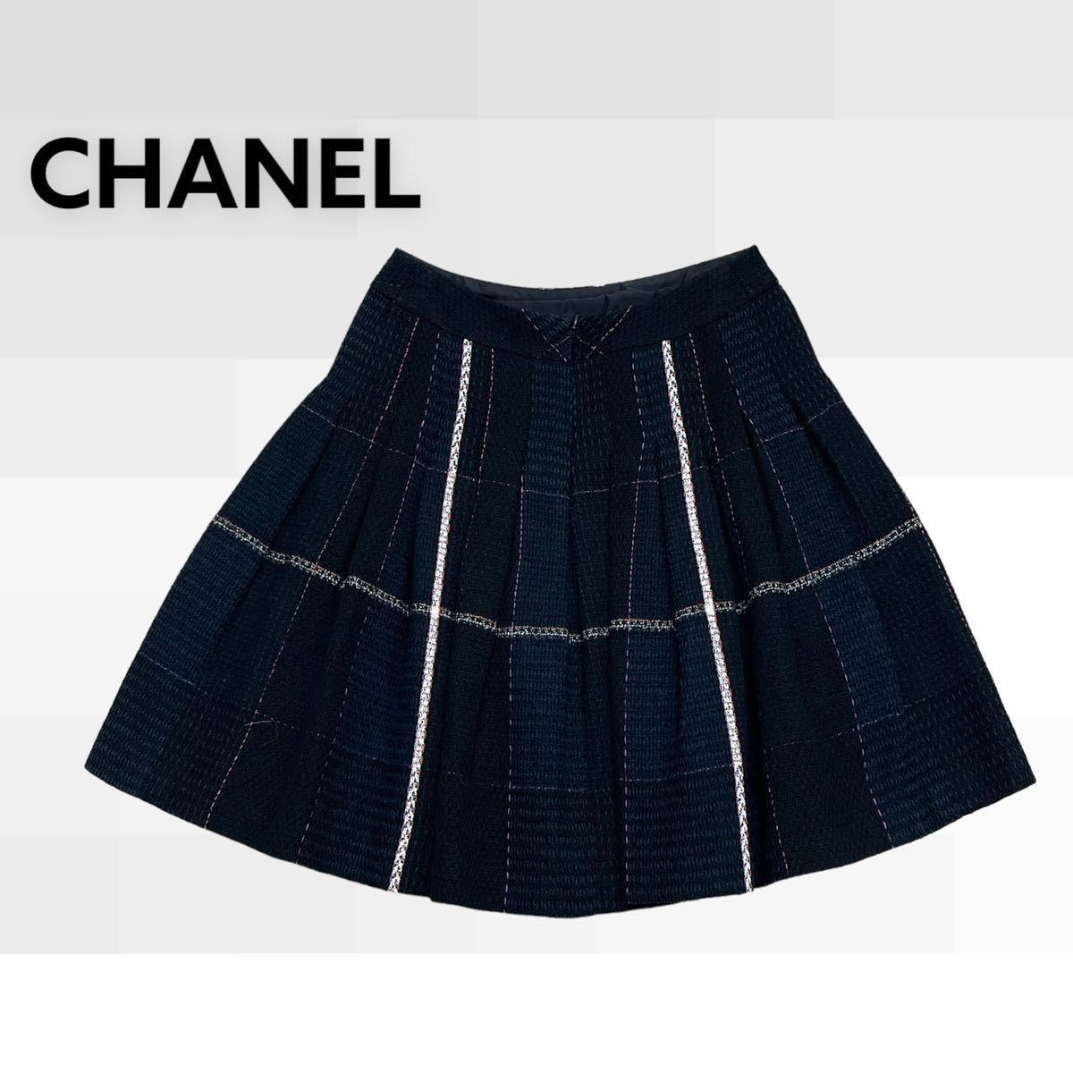 高級 CHANEL シャネル 07C P29984V16362 ロゴプレート ツイード チェック柄 プリーツ スカート