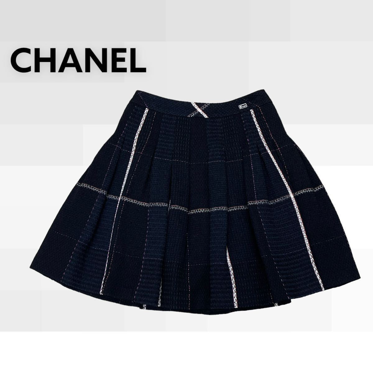 高級 CHANEL シャネル 07C P29984V16362 ロゴプレート ツイード チェック柄 プリーツ スカート